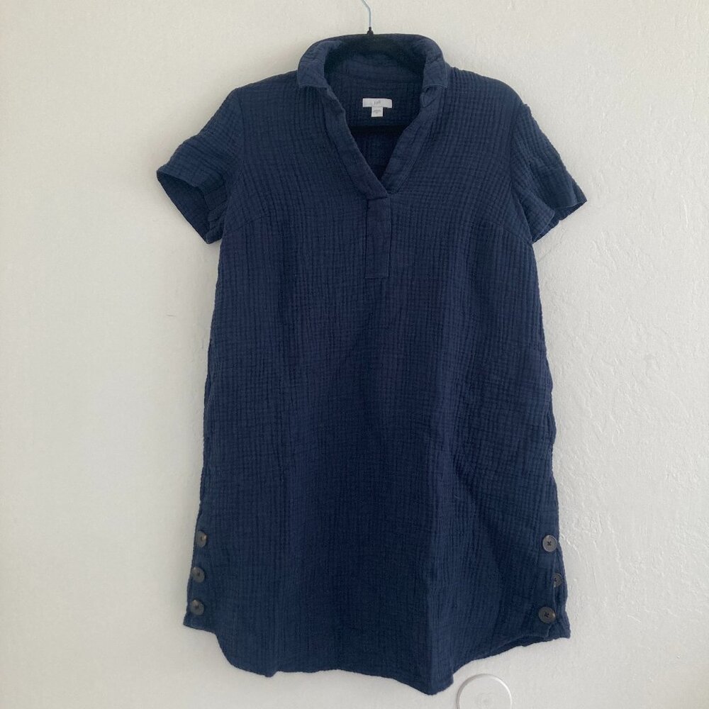 J Jill Gauzy Cotton Shirt Dress Split Neck Navy Blue Beach Coastal Breezy XS